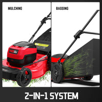 Lawn mower mulching grass clippings shown on fresh green lawn