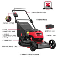 Close-up of cordless lawn mower handle and control panel with ergonomic design