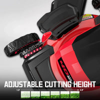 Cordless lawn mower showing deck and rear wheels on pavement
