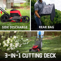 Cordless lawn mower with grass catcher bag attached on lawn