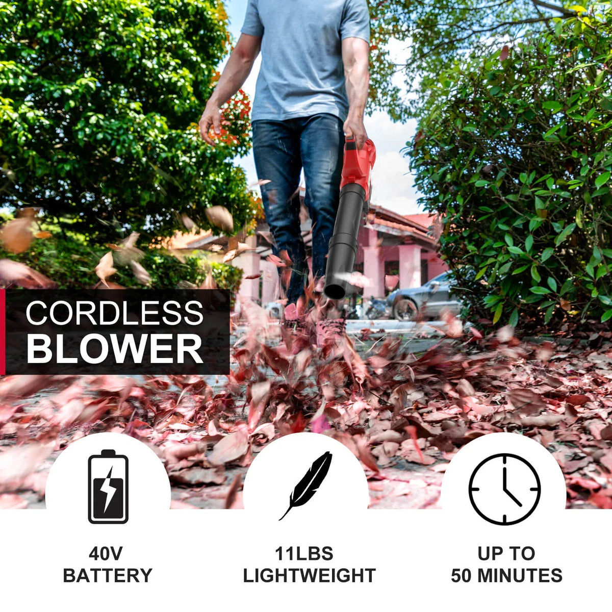 Leaf blower placed on outdoor stone steps highlighting its compact and portable design.