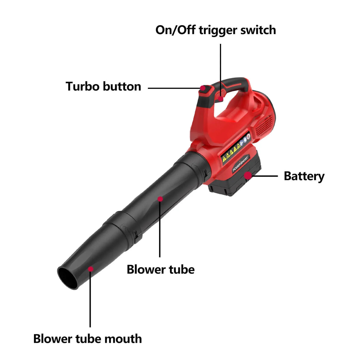 Close-up of leaf blower's nozzle and air intake vents showing solid construction details.