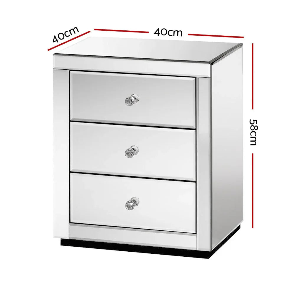 Close-up side view of the mirrored bedside table showing bevelled mirror glass surfaces.