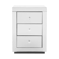 Mirrored bedside table drawers open, showing smooth metal sliders and storage space.