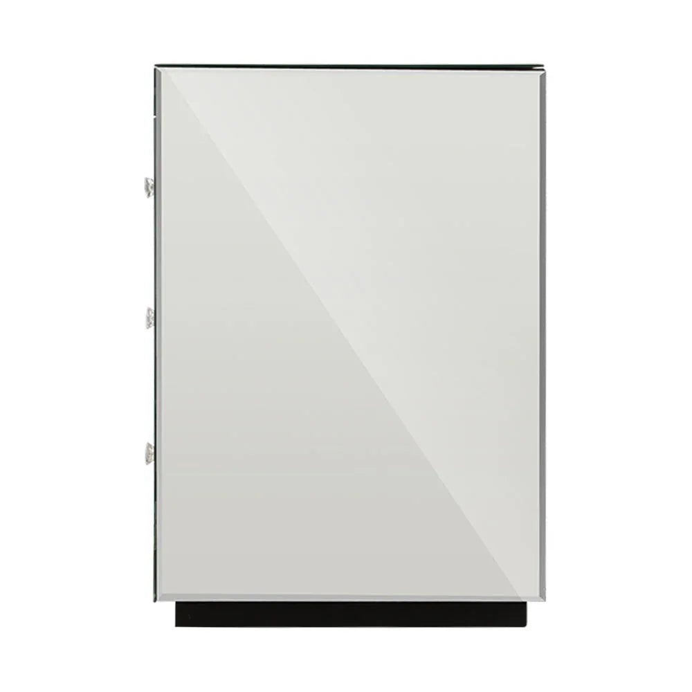 Top view of mirrored bedside table displaying reflective glass surface and crystal handles.