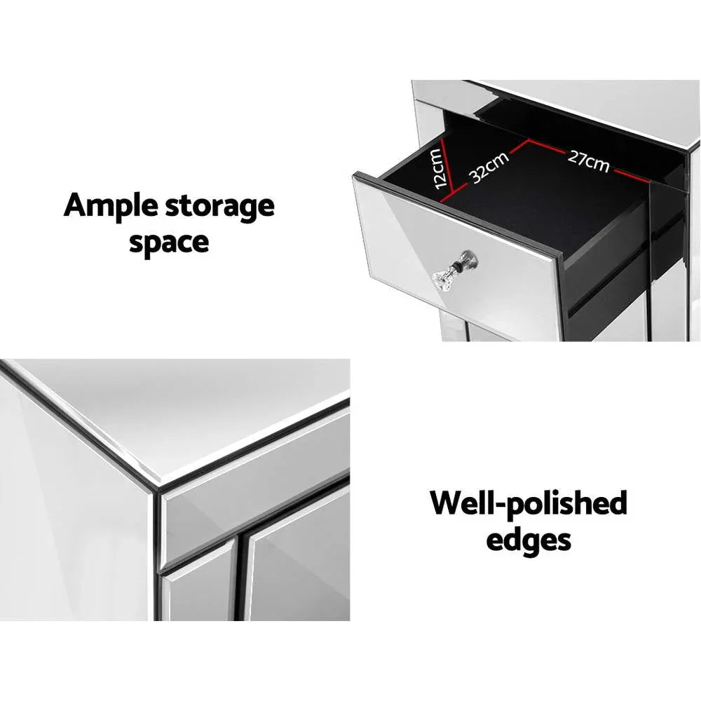 Mirrored bedside table positioned beside bed, reflecting room space and décor.