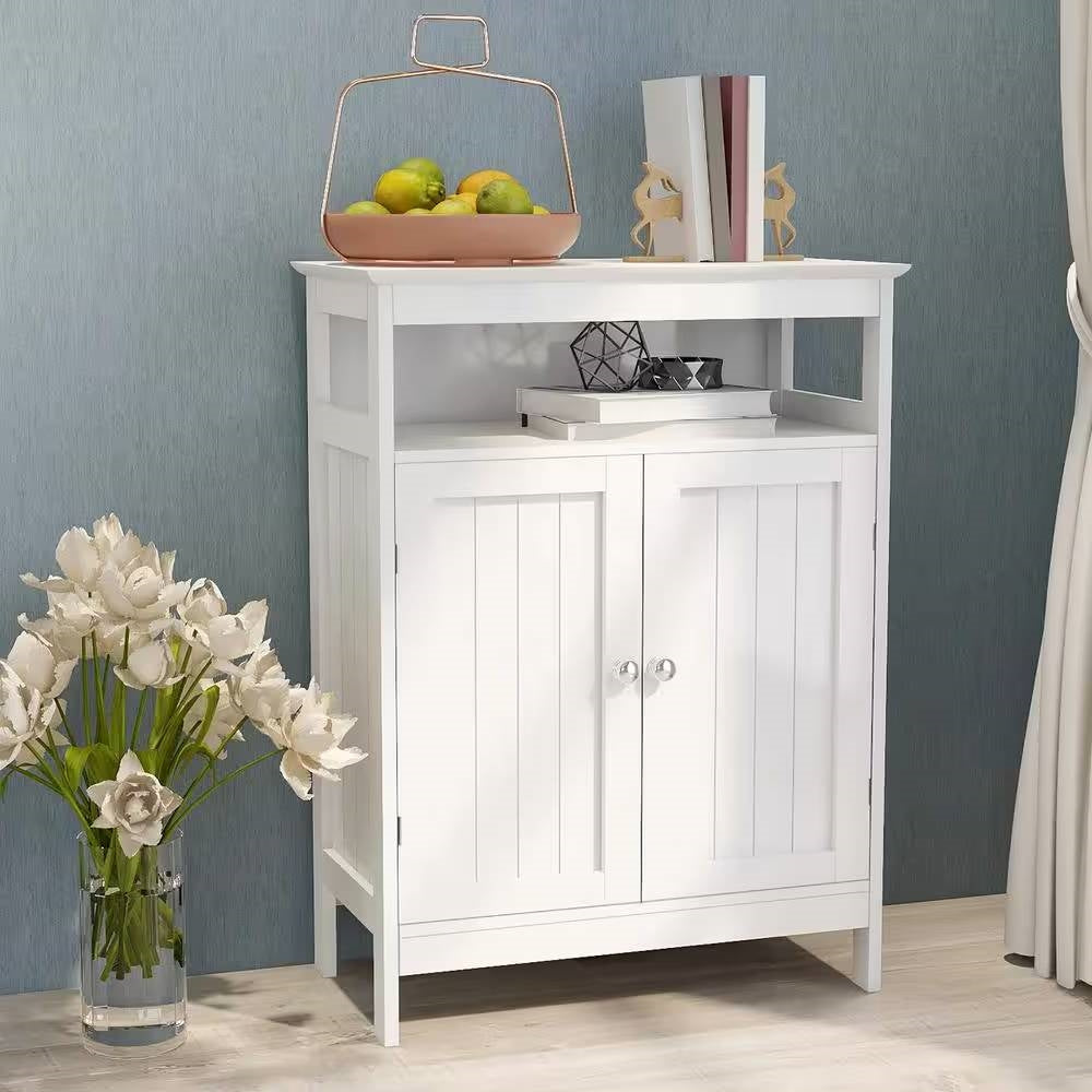 2-Door Bathroom Linen Cabinet with Storage Shelf in White Wood Finish