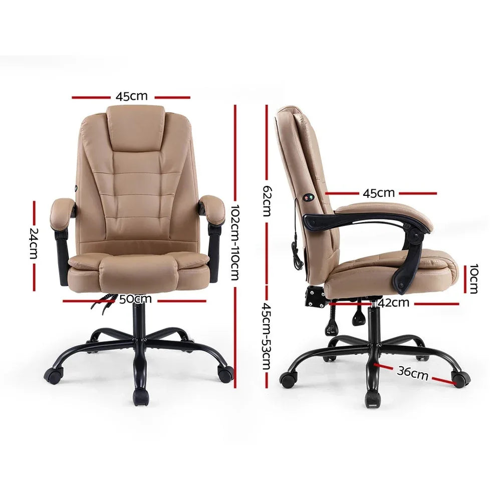 Side view of reclining office chair with padded armrests and massage function control panel.