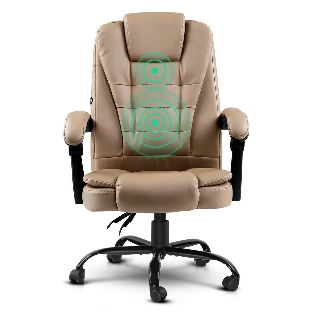 Close-up of cushioned headrest and backrest of the black massage office chair.