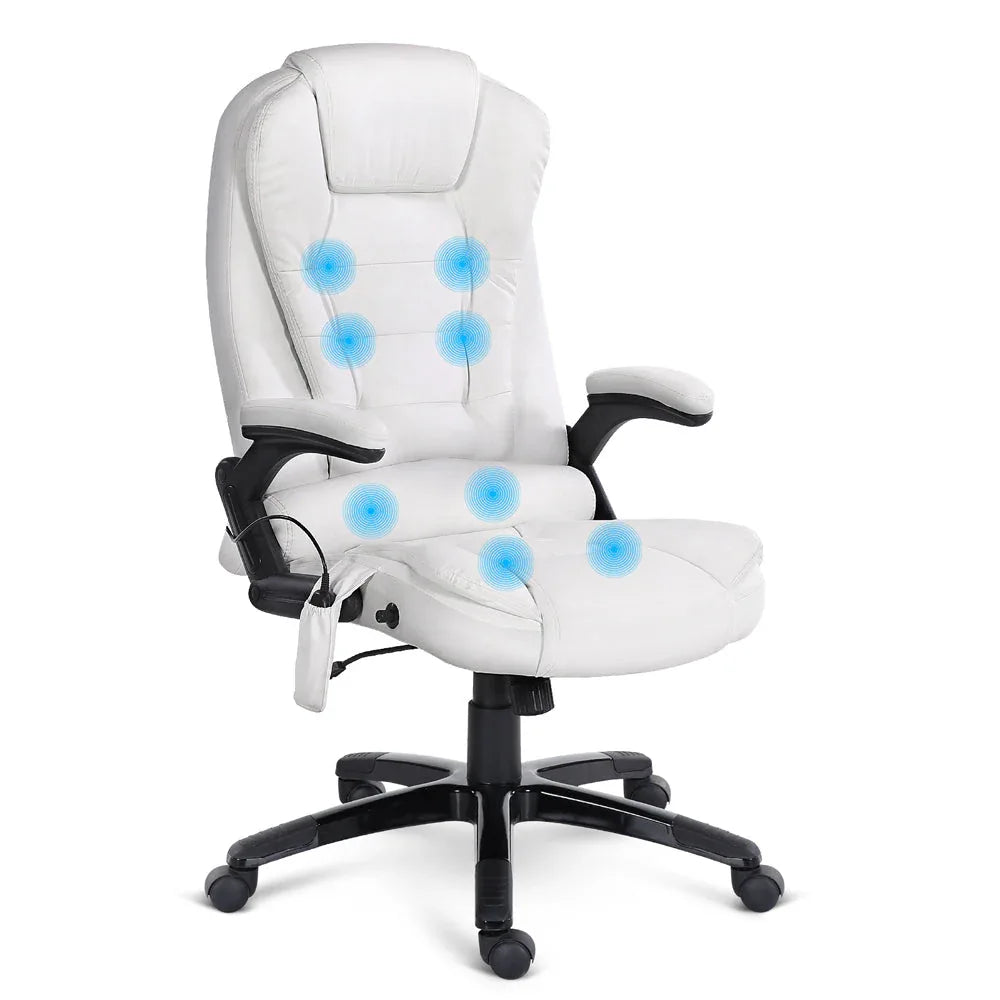 White PU leather reclining massage chair with high backrest and padded armrests in office setting.
