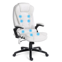 White PU leather reclining massage chair with high backrest and padded armrests in office setting.