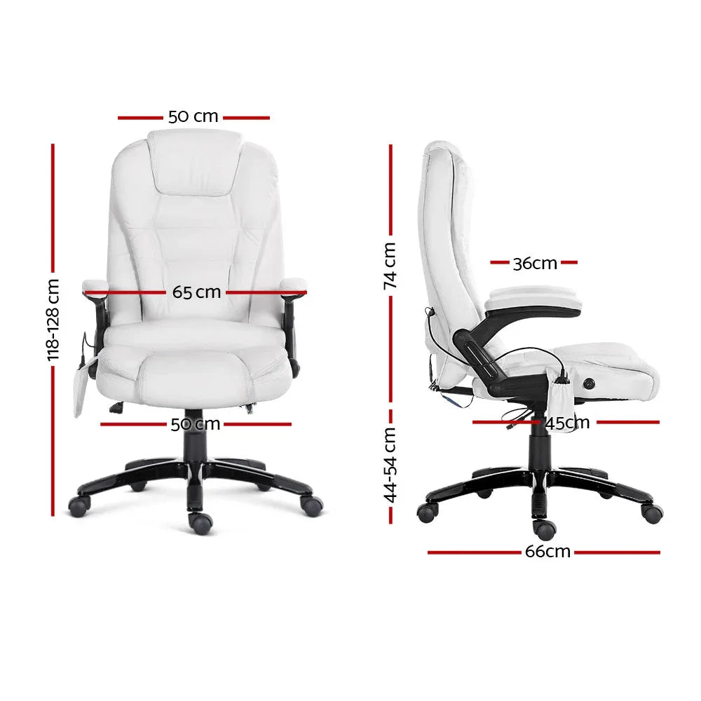 Close-up of white leather chair showing reclining feature and remote control with buttons.