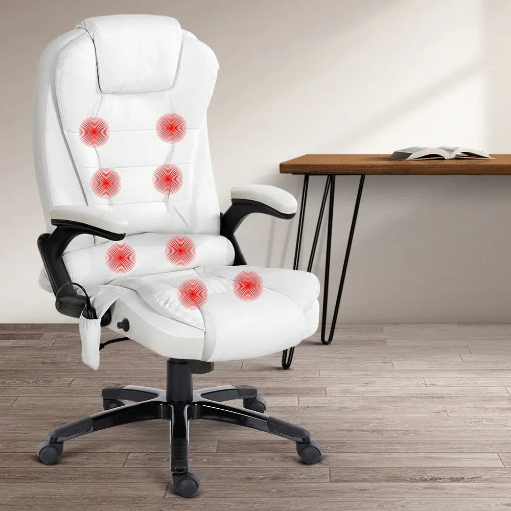 Front view of white PU leather massage chair with footrest extended in reclining position.
