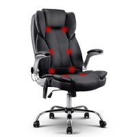 Black high-back massage office chair with sleek PU leather and padded armrests on a white background.