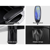 Black PU leather massage chair on caster wheels angled to show seat and backrest.