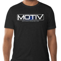 Front view of black heather MOTIV FL2K 2025 shirt with subtle MOTIV Motorsport graphic on chest.