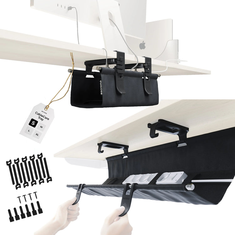 Black Ascrono CableCare Tray, side angle showing sturdy construction and cable holding slots.