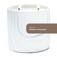 White marble ceramic candle with gray and black swirls, 17oz Dapper Stranger candle by Sky Erebus.