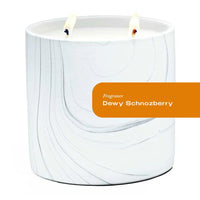 White marble ceramic candle vessel with gray and black swirls, Dewy Schnozberry scent