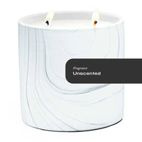White marble ceramic candle vessel with gray and black swirls, 17oz unscented candle inside.
