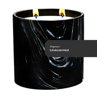Black marquina ceramic candle with white and gold swirls, unscented, 17oz, minimalist design.