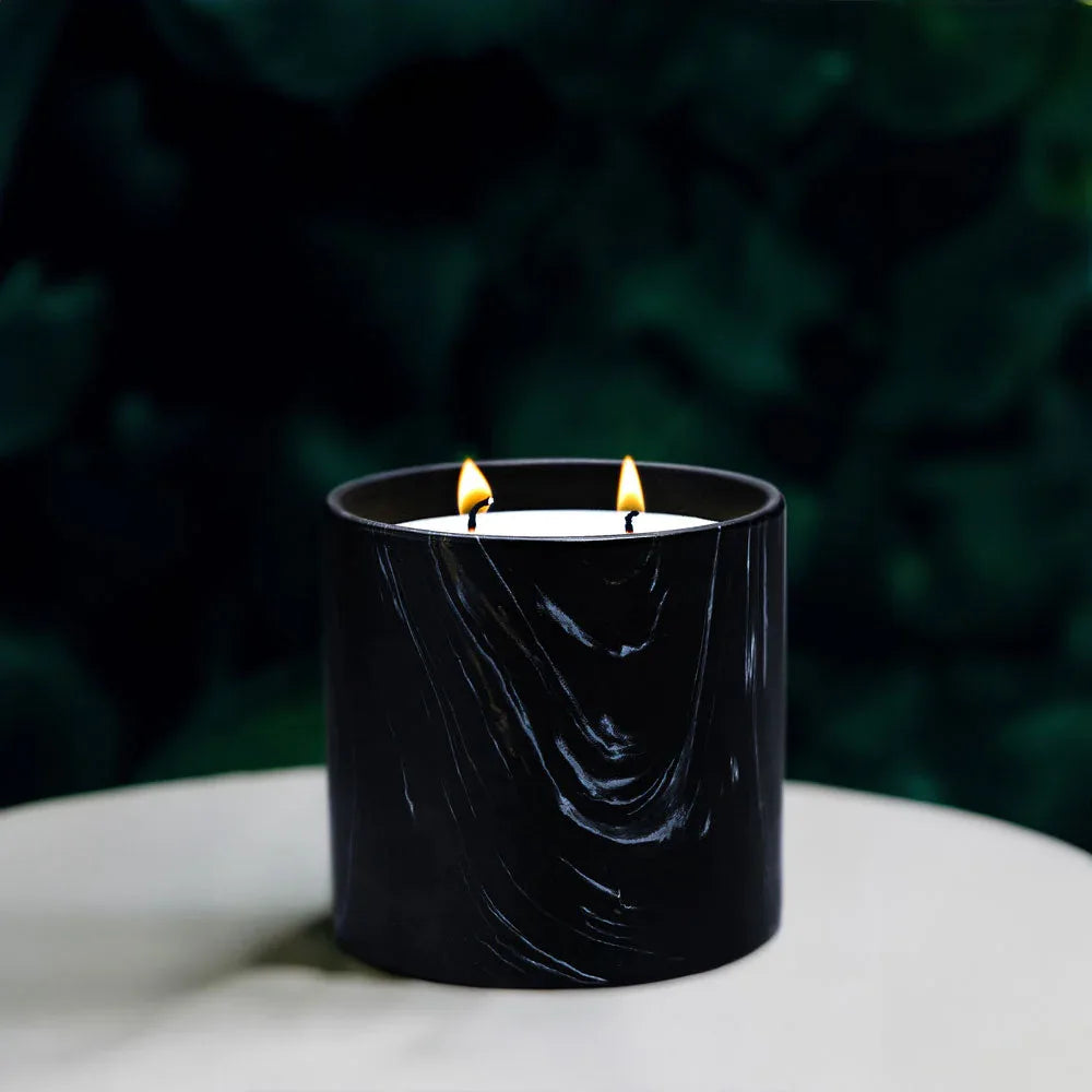 Dewy Schnozberry candle beside green foliage, highlighting the marquina ceramic vessel design.