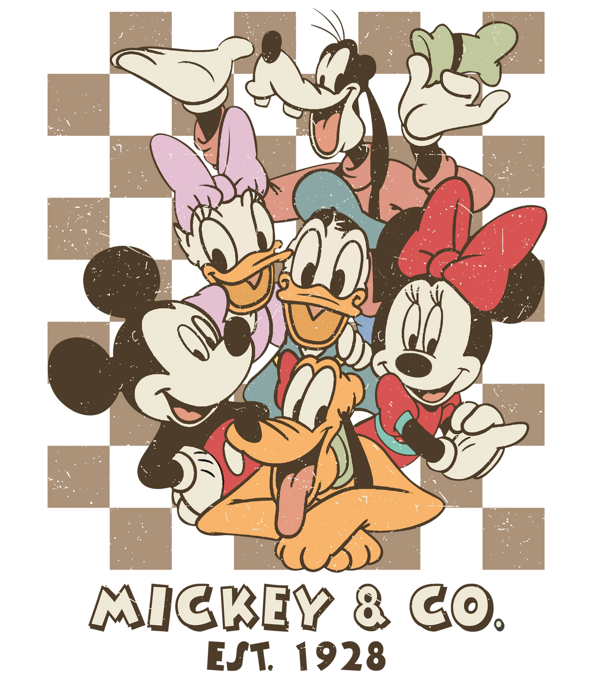 Vintage style digital design featuring Mickey Mouse, Minnie, Goofy, Donald, and Daisy with 'Mickey & Co. Est. 1928' text.