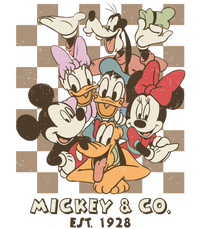 Vintage style digital design featuring Mickey Mouse, Minnie, Goofy, Donald, and Daisy with 'Mickey & Co. Est. 1928' text.