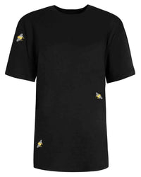 Black t-shirt front and back views showing embroidered bee on chest and upper back.