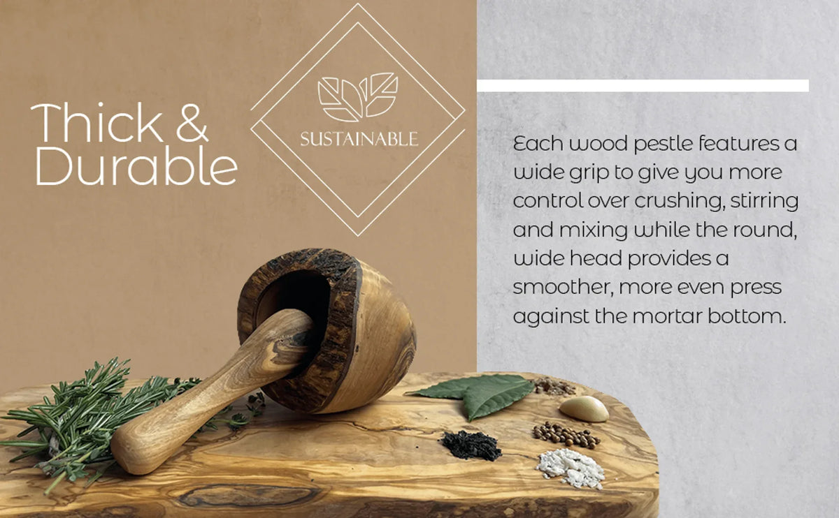 Side angle of olive wood mortar and pestle displaying textured wood surface.