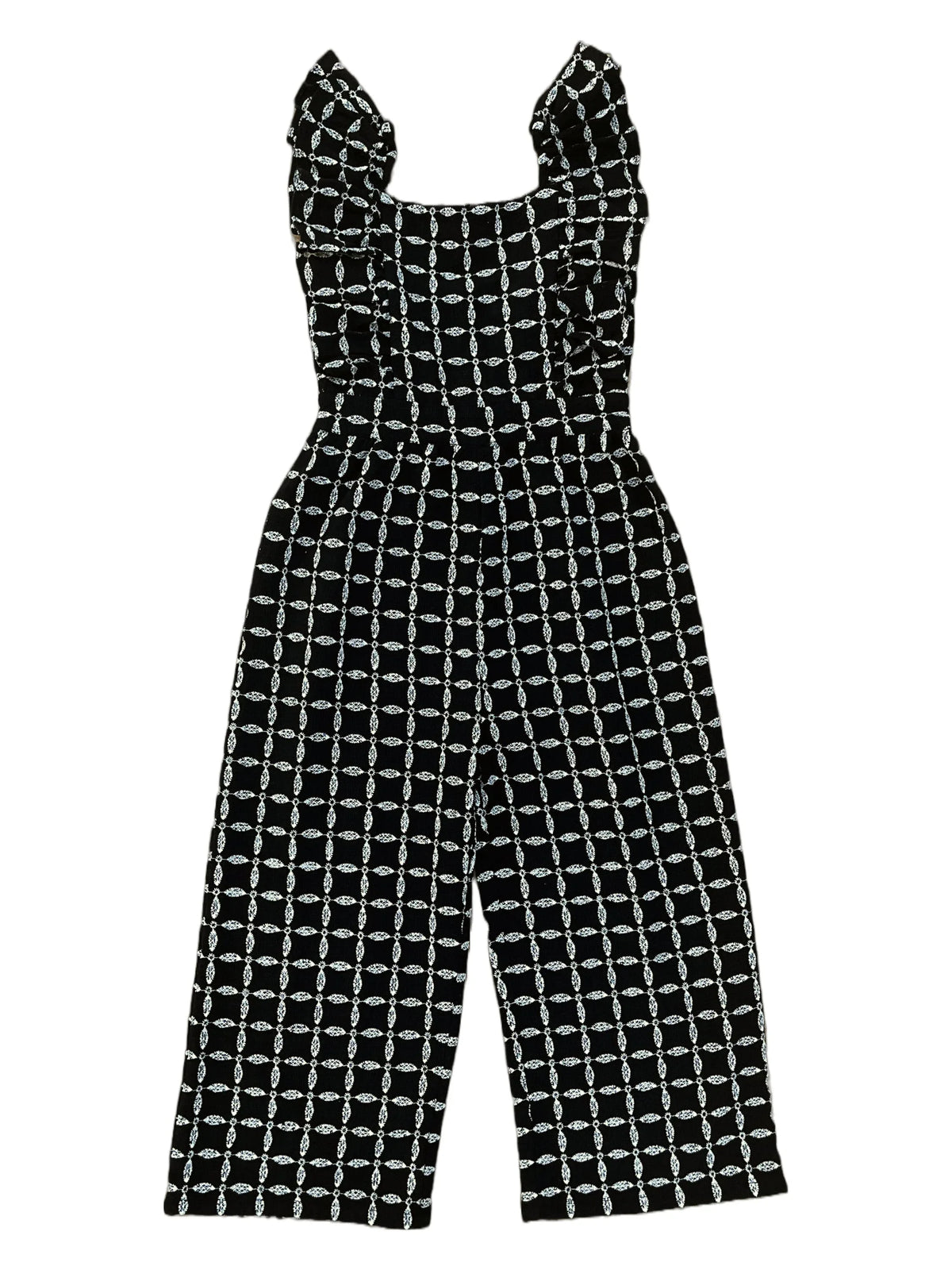 Girls' cinnamon-striped linen jumpsuit with frill straps and back zipper, made from organic cotton and linen.