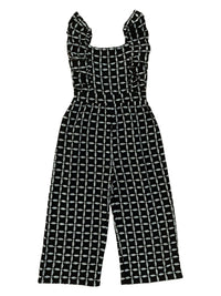 Girls' cinnamon-striped linen jumpsuit with frill straps and back zipper, made from organic cotton and linen.
