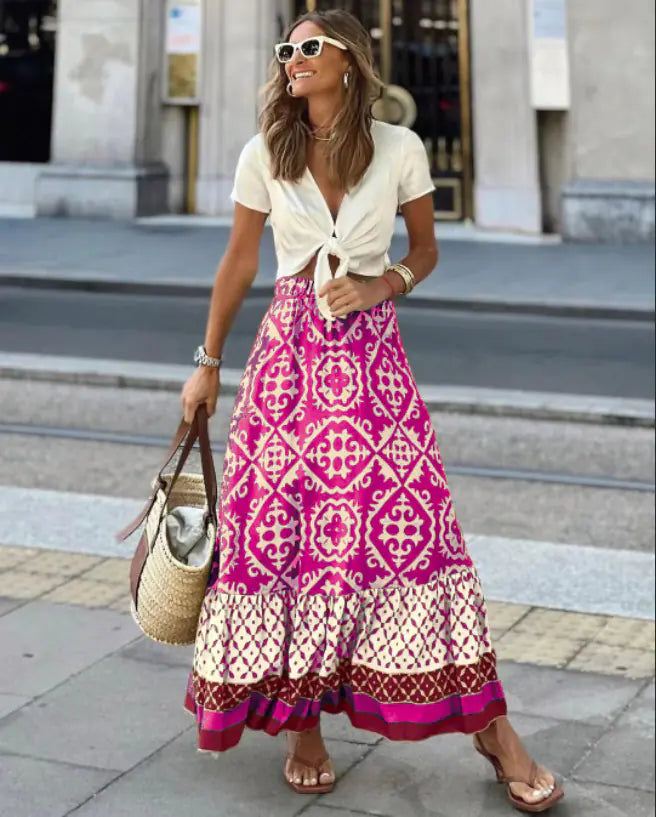 European American Summer Printed Loose Swing Skirt