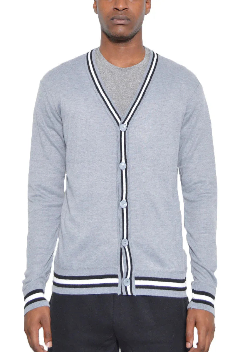 Model wearing grey Drew Cardigan over a dress shirt and tie.