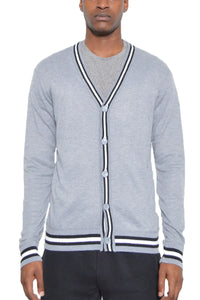 Model wearing grey Drew Cardigan over a dress shirt and tie.