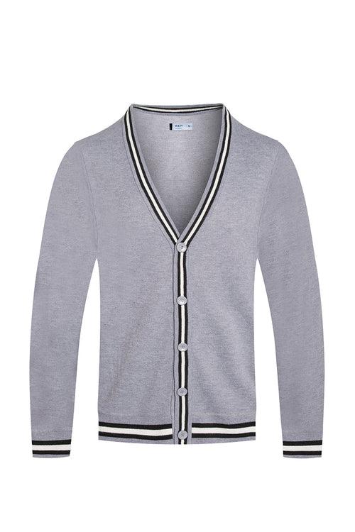 Folded grey Drew Cardigan showing front buttons and fabric texture.