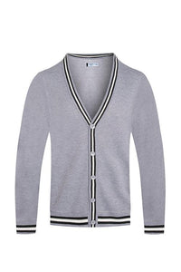 Folded grey Drew Cardigan showing front buttons and fabric texture.