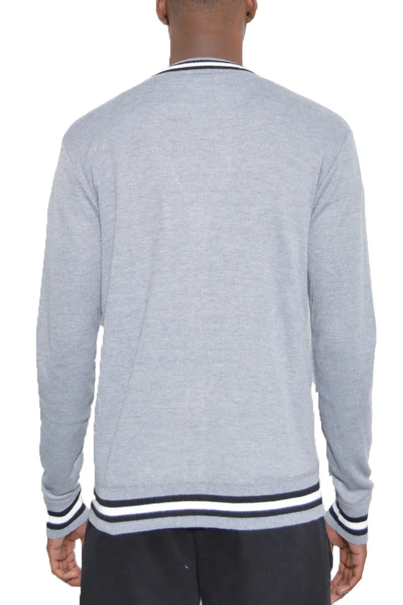 Back view of grey men's Drew Cardigan highlighting shape and stitching.