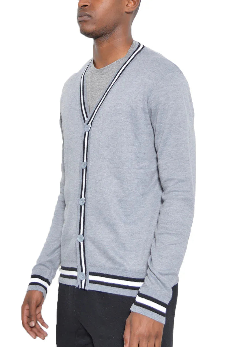 Side view of the grey Drew Cardigan showing fit and fabric details.