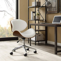 Overhead side view of the modern white office chair highlighting the wooden frame and sleek design.