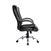 Black executive office chair showing chrome base with five caster wheels on wooden floor.