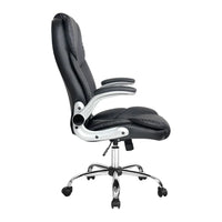Tilted black office chair highlighting adjustable height and gas lift mechanism