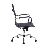 Close-up of black faux leather upholstery and padded armrest on the gaming office chair.