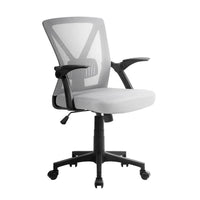 Gray ergonomic office chair with mesh back and padded seat, shown from front right angle.