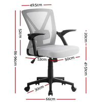 Close-up of office chair's adjustable armrest and mesh back texture.