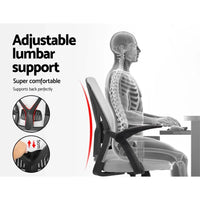Tilted office chair showing reclining feature and base with caster wheels.