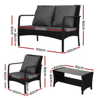 Close-up of handwoven black PE wicker and cushioned seating on outdoor patio furniture set.