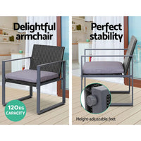 Outdoor furniture set with comfortable cushions on patio near plants and railing.