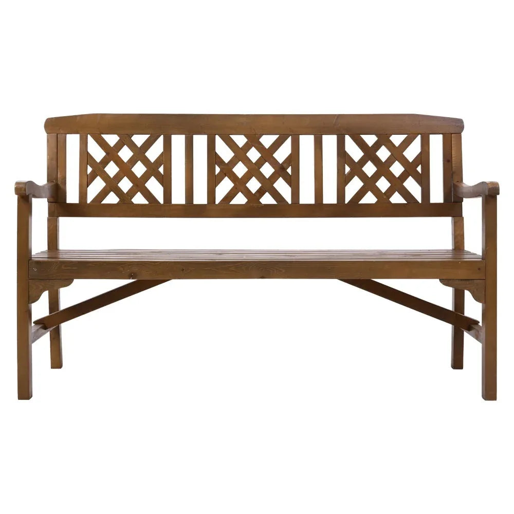 Side view of handcrafted wooden garden bench showing sturdy armrest and timber finish
