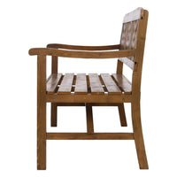 Front view of wooden three-seat garden bench positioned on patio with natural wood finish